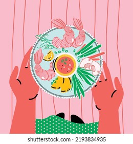 Stylish illustration with hands holding a plate of food. Seafood, mushrooms, vegetables. Vector card, print, design.