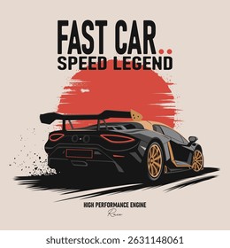 Stylish illustration of a high-performance car with racing elements and text.