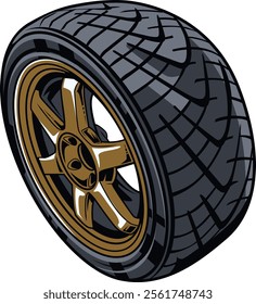 Stylish illustration of a high-performance tire with a gold alloy wheel, emphasizing advanced tread design and elegance, perfect for automotive enthusiasts and racing aficionados