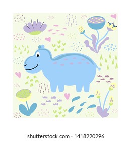 Stylish illustration with hippopotamus. Lovely childish card in spring colors. Greeting card,poster,banner illustration. Isolated scandinavian cartoon illustration.
