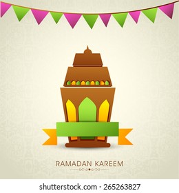 Stylish illustration of illuminated arabic lantern on shiny beige background for Islamic holy month of prayers, Ramadan Kareem.
