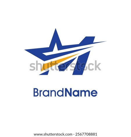 Stylish Illustration logo design Initial M Combine with motion star in two color. Logo can use for any industry and work as well in small size.