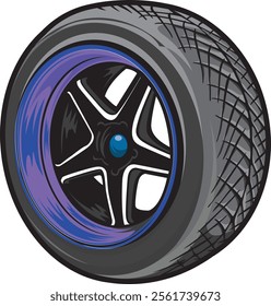 Stylish illustration of a modern car wheel with a bold blue rim, showcasing sleek design and advanced engineering, ideal for automotive enthusiasts and design aficionados