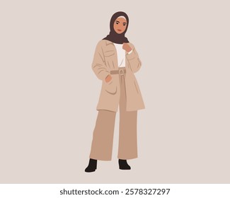 Stylish Illustration of a Modest Woman in a Hijab and Chic Neutral Outfit