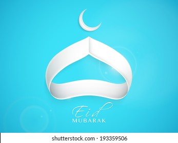 Elegante ilustración de una mezquita hecha con cinta de color platino y luna brillante sobre fondo azul para las celebraciones del festival de la comunidad musulmana Eid Mubarak.