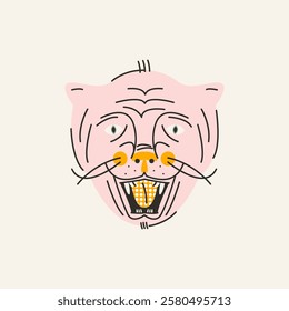 Stylish illustration with a muzzle of a cat with open mouth and tongue hanging out. Vector print, design