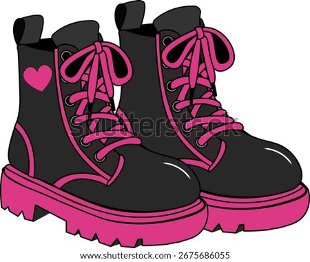 A stylish illustration of a pair of black platform boots with vibrant pink laces and accents. The boots are adorned with a pink heart, making them perfect for designs related to fashion, grunge, alter