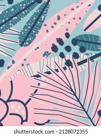 Stylish illustration, poster with leaves and flowers on a blue background. Vector card, print, design