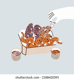 Stylish illustration, print, card with fried chicken, sauces and a hand holding food. Vector design