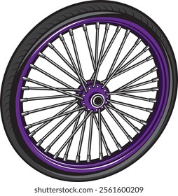 Stylish illustration of a purple bicycle wheel, highlighting intricate spokes and modern design, perfect for cycling enthusiasts and urban riders