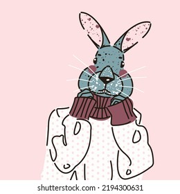 Stylish illustration with a rabbit in a sweater. A symbol of the Chinese New Year 2023. Vector card, print, design with bunny, hare