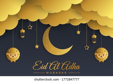 Stylish illustration of a shiny gold paper cut sheep with a crescent moon and clouds on a black background for the celebration of the Eid al-Adha festival.