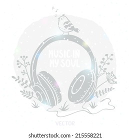 Stylish illustration silhouette of headphones in the grass with cute bird