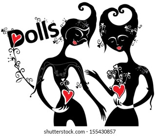 Stylish illustration with silhouettes of two of the original dolls.