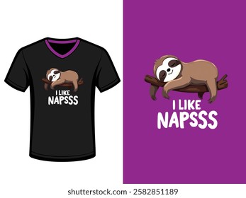 Stylish illustration of a sloth resting on a branch with text "I Like Naps" highlighting relaxation theme. Ideal for apparel and graphic design enthusiasts seeking cute, calm, and unique artwork.