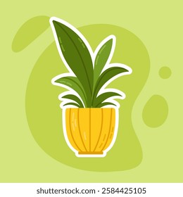 stylish illustration of a small green plant in a round yellow pot. Suitable for botanical patterns, home decor, and indoor plant enthusiasts