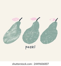 Stylish illustration with textured pears. Vector print with fruits, postcard, design 