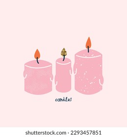 Stylish illustration with three candles. Vector print, design, postcard