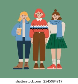 Stylish illustration of three young people in casual winter outfits, featuring trendy jackets, sweaters, and scarves, standing against a green background.  
