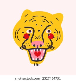 Stylish illustration with tiger head with tongue and heart. Cute vector card, design, poster, print 