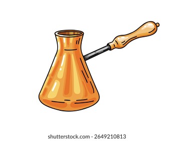 Ilustração elegante de um pote de café tradicional de cobre ou bronze, conhecido como cezve ou ibrik, com uma alça de madeira. O design expressivo destaca a forma elegante e o caráter cultural