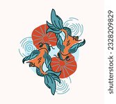 Stylish illustration with two koi carp, water lilies and waves in a pond. Vector print, design, postcard with fish. 