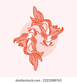 Stylish illustration with two koi carp. Vector print, design, postcard with fish. 