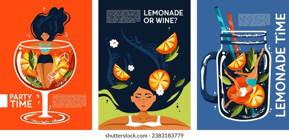 Stylish illustration of a woman, cocktail and lemonade. Flat style for menus, advertisements, prints, postcards, posters and other