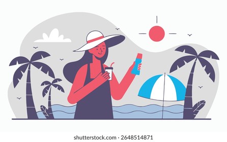 A stylish illustration of a woman enjoying a relaxing beach day. She's holding a refreshing drink and sunscreen, ready for sun and fun under a beach umbrella with palm trees in the background.