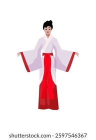 A stylish illustration of a woman in a traditional Chinese outfit with wide sleeves and a red belt.