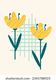 Stylish illustration, yellow flowers with green stems and leaves with a geometric pattern. Illustration suitable for decor, cards, invitations, covers related to nature and beauty.