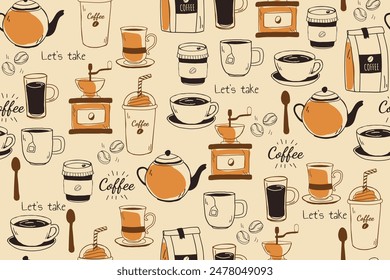 Stylish illustrative coffee pattern. Cups, spoons, coffee makers, coffee beans. Brown drawn seamless pattern.