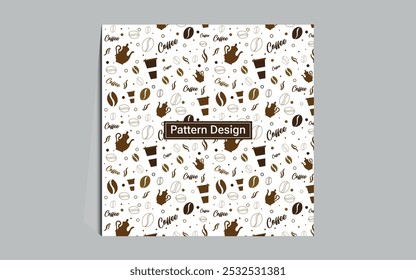 Stylish illustrative coffee pattern. Cups, spoons, coffee makers, coffee beans. Brown drawn seamless. Vector illustration