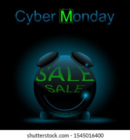 Stylish image of an alarm clock on a dark background. On the front side of the inscription sale. Cyber Monday. For internet business, selling, web advertising, poster, flyer. Сonceptual image.