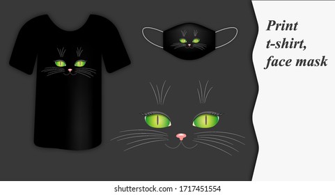 Imagen elegante de cara de gato para imprimir en pantalones t y máscara facial. Ilustración vectorial de existencias
