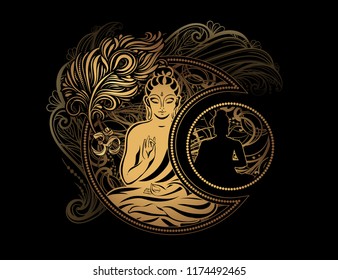 Stylish image of Lord Buddha in the style of Boho Chic. The combination of spirituality and esotericism with ethnic elements and occult symbols - the Crescent And the Sun.