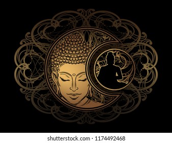 Stylish image of Lord Buddha in the style of Boho Chic. The combination of spirituality and esotericism with ethnic elements and occult symbols - the Crescent And the Sun.