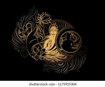 Stylish image of Lord Buddha in the style of Boho Chic. The combination of spirituality and esotericism with ethnic elements and occult symbols - the Crescent And the Sun.