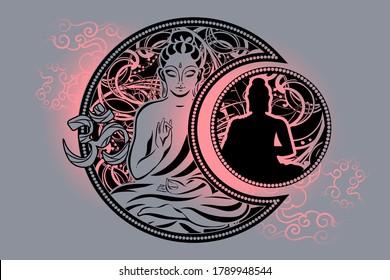 Stylish image of Lord Buddha in the style of Boho Chic. The combination of spirituality and esotericism with ethnic elements and occult symbols - the Crescent And the Sun.