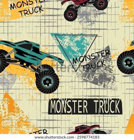 Stylish image of monster trucks on a grunge background with geometric patterns and text. Ideal for automotive-themed projects.