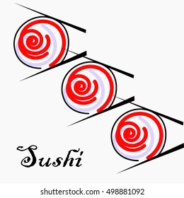 Stylish image of roll with Japanese chopsticks on white background. Advertising of Japanese restaurant