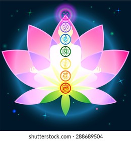 Stylish image symbol chakra man on a dark background in the Lotus