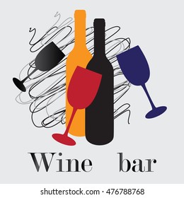 stylish image of wine bottles and glasses of different colors on a gray background with elements of wavy lines