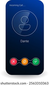 A stylish incoming call screen interface featuring a minimalist caller avatar and vibrant action buttons for accepting, rejecting, or silencing the call