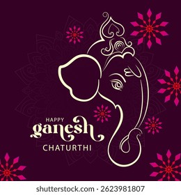 Banner elegante festival indiano com esboço Ganesha arte com flores rosa e detalhes mandala perfeito para Ganesh Chaturthi celebração ou cartão de saudação espiritual