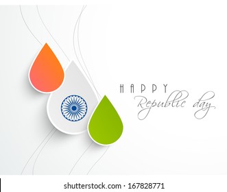 Stylish Indian Republic Day celebration concept with water droplets in national tricolour flag and ashoka wheel on grey background. 