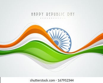 Stylish Indian Republic Day concept with ashoka wheel in national tricolours wave on grey  background. 