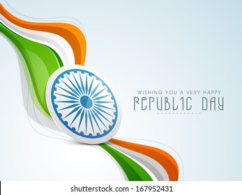 Stylish Indian Republic Day concept with ashoka wheel in national tricolours wave on blue background. 