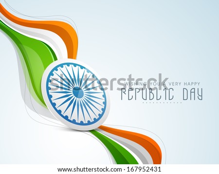 Stylish Indian Republic Day concept with ashoka wheel in national tricolours wave on blue background. 