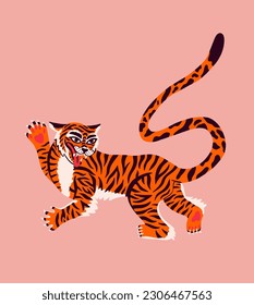 Stylish Indian roaring tiger in groovy stile. Vector cartoon illustration isolated on background. Tiger print for t shirt, poster, tattoo, decorate. Endangered animal. 